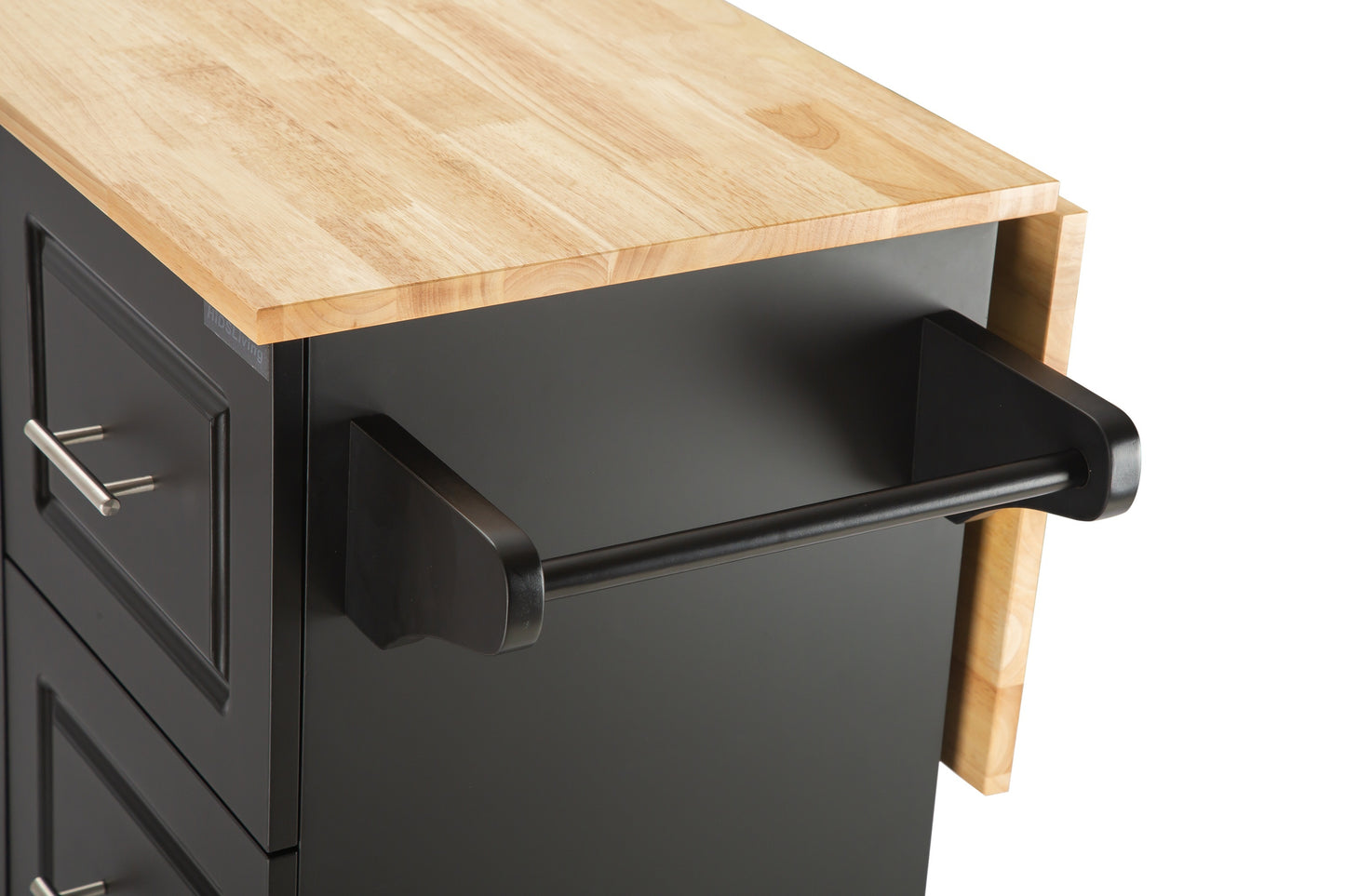 Mobile Kitchen Island with Rubber Wood Top, Adjustable Shelves & Spice Rack - Black-Beech Finish