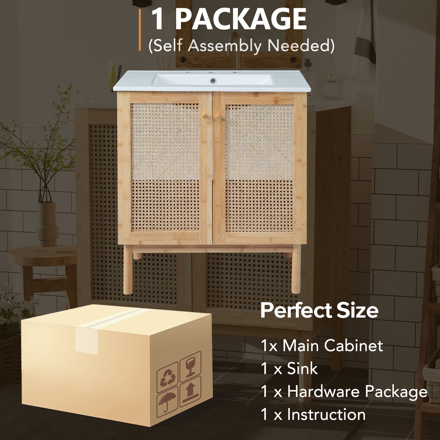 Elegant 30-Inch Natural Bamboo Bathroom Vanity with Artisanal Rattan Doors and Soft-Close Mechanism