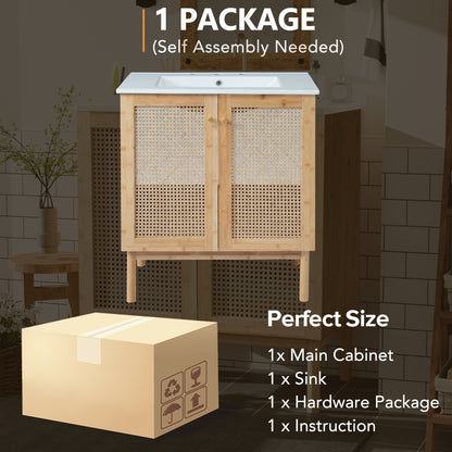 Elegant 30-Inch Natural Bamboo Bathroom Vanity with Artisanal Rattan Doors and Soft-Close Mechanism