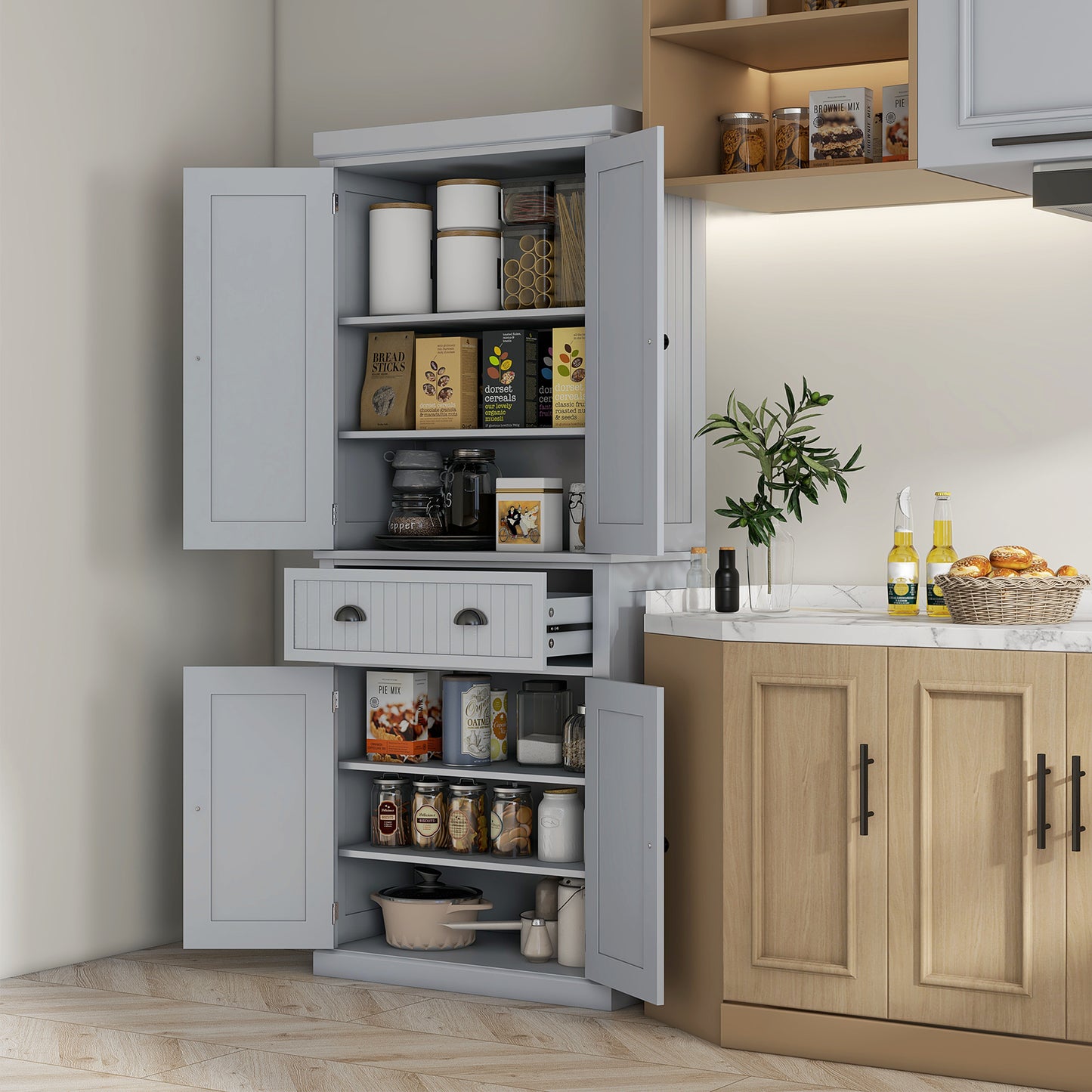 Freestanding Gray Kitchen Pantry with 4 Doors, 3 Adjustable Shelves, and Central Drawer - Traditional Beadboard Design