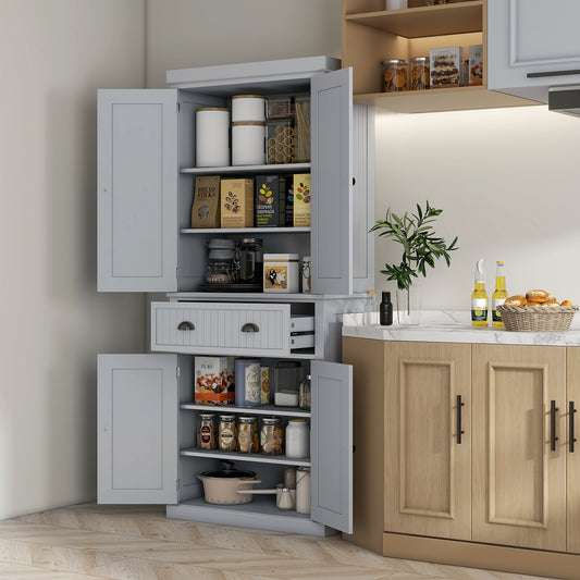 Freestanding Gray Kitchen Pantry with 4 Doors, 3 Adjustable Shelves, and Central Drawer - Traditional Beadboard Design