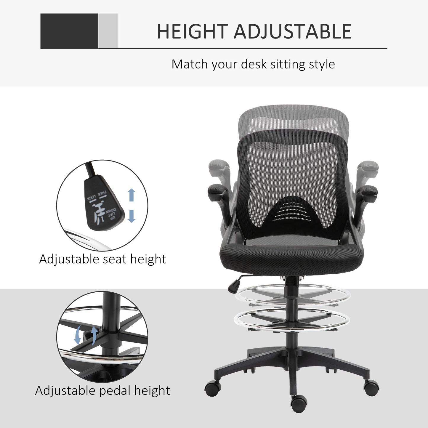 Adjustable Tall Mesh Drafting Chair with Lumbar Support, Flip-Up Armrests, and Footrest Ring in Black