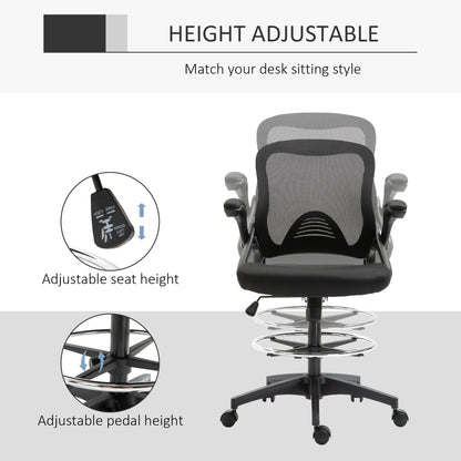 Adjustable Tall Mesh Drafting Chair with Lumbar Support, Flip-Up Armrests, and Footrest Ring in Black