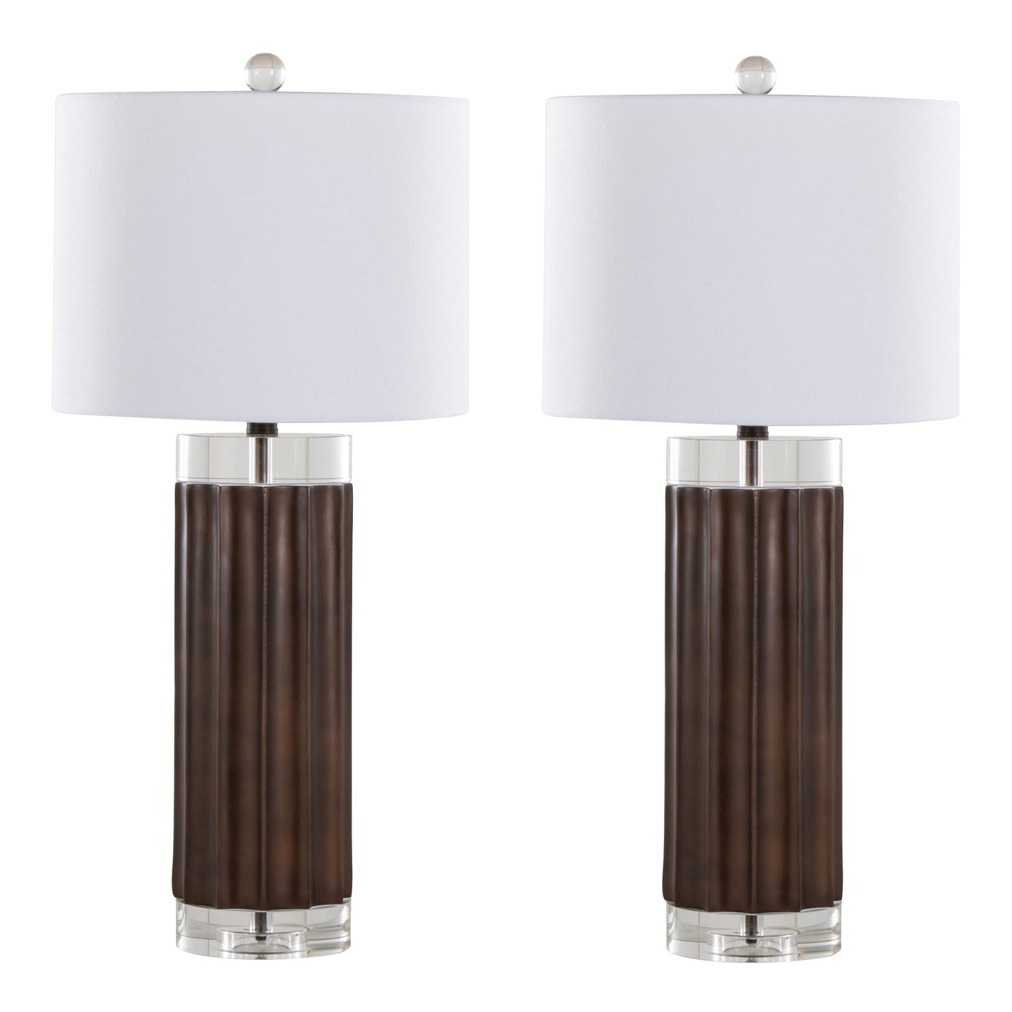 29.25-Inch Fluted Cylinder Table Lamp, Polyresin Base, Crystal Cylinders, White Linen Shade, Brown Lustre