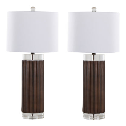 29.25-Inch Fluted Cylinder Table Lamp, Polyresin Base, Crystal Cylinders, White Linen Shade, Brown Lustre