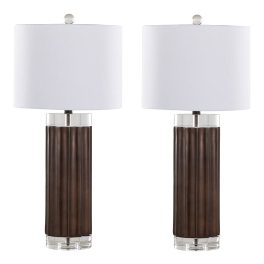 29.25-Inch Fluted Cylinder Table Lamp, Polyresin Base, Crystal Cylinders, White Linen Shade, Brown Lustre
