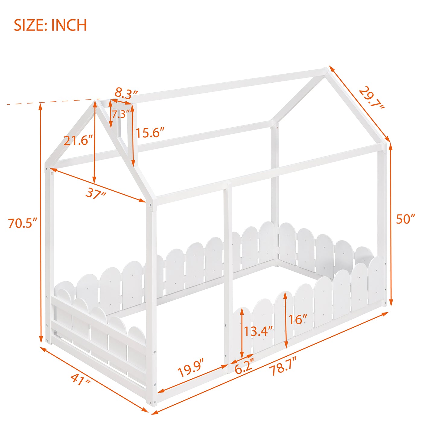 Twin Size Wooden House Bed Frame with Fence - Creative Sleep & Play Space for Kids, Teens, and Children - White Finish