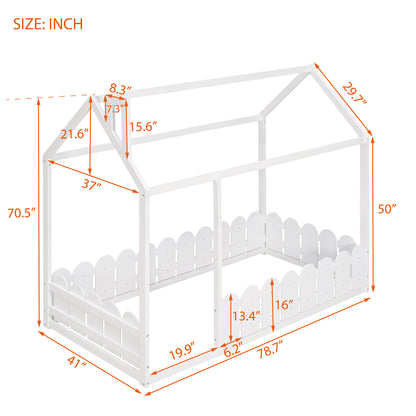Twin Size Wooden House Bed Frame with Fence - Creative Sleep & Play Space for Kids, Teens, and Children - White Finish