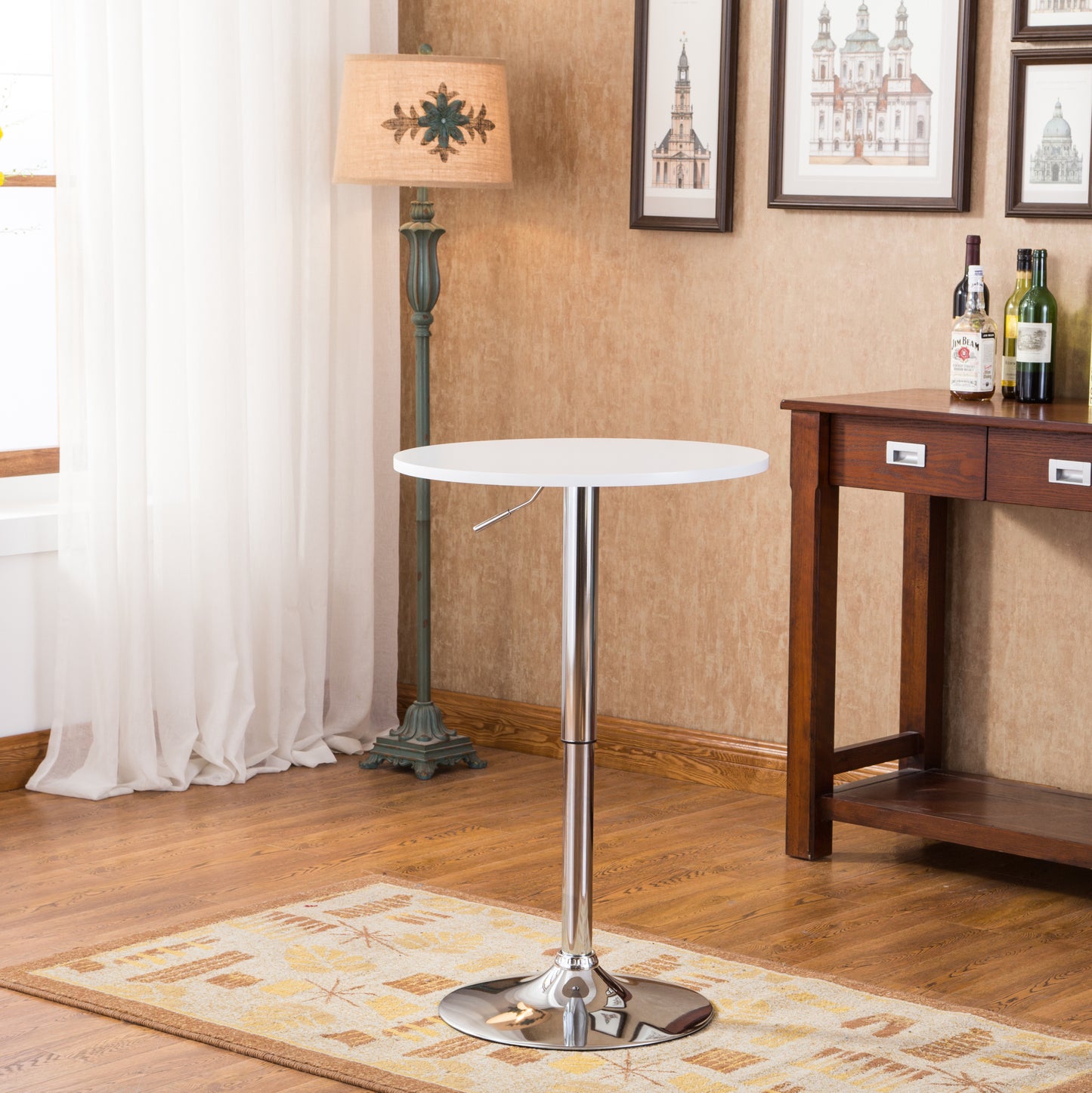 Adjustable Height Bar Table with Wood Top & Chrome Metal Frame, 2 Chrome Air Lift Swivel Stools, White