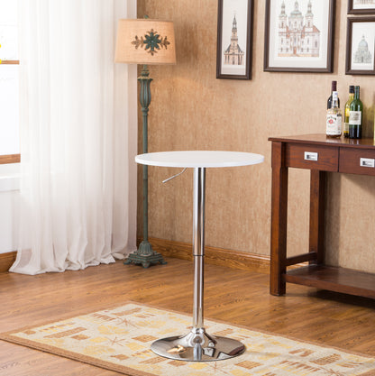Adjustable Height Bar Table with Wood Top & Chrome Metal Frame, 2 Chrome Air Lift Swivel Stools, White