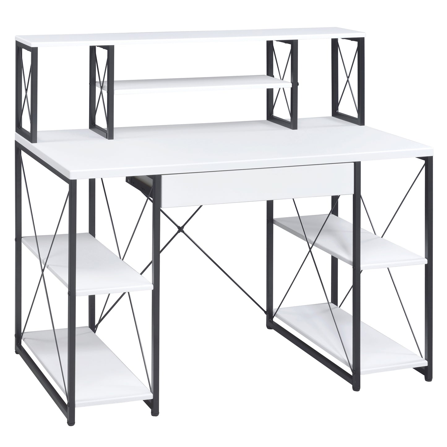 Modern White and Black Writing Desk with Open Shelving and Hutch