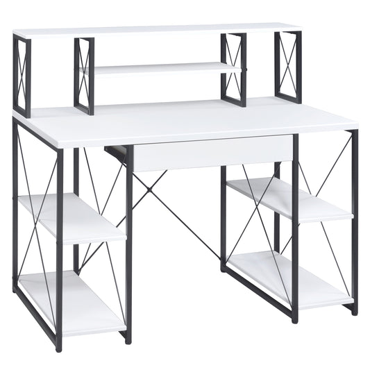 Modern White and Black Writing Desk with Open Shelving and Hutch