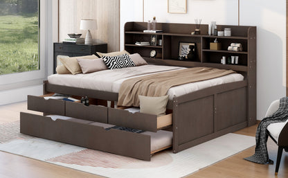 Antique Grey Full Size Wooden Captain Bed with Shelves, Drawers, and Trundle