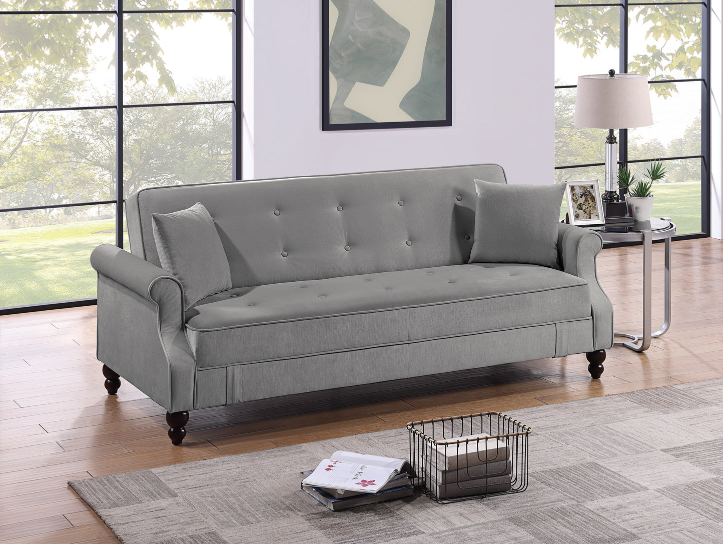 Convertible Sofa Bed with Under-Seat Storage, Burnt-Out Fabric, Plush Tufted Back, Rolled Arms - Gray