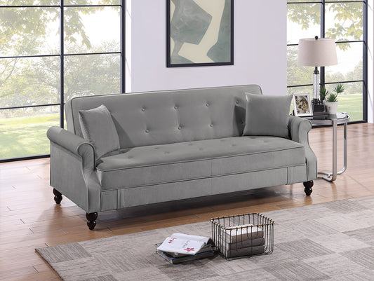 Convertible Sofa Bed with Under-Seat Storage, Burnt-Out Fabric, Plush Tufted Back, Rolled Arms - Gray