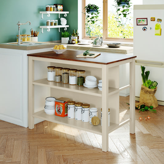 Rustic 45" Rubberwood Kitchen Island with Dual Open Shelves - Walnut & Cream White Finish