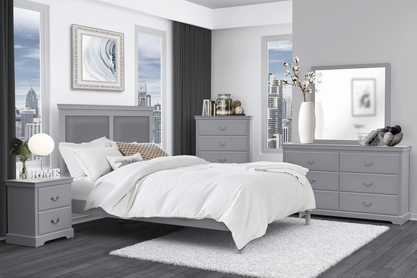 Elegant Gray Upholstered Queen Size Panel Bed with Wooden Frame – Stylish Bedroom Furniture Set