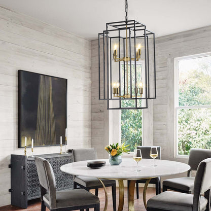 8-Light Lantern Pendant Industrial Farmhouse Chandelier Kitchen Island 60in Adjustable Boom Black & Gold