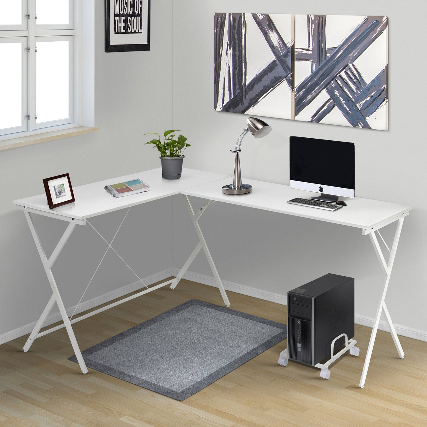 Modern White L-Shaped Workstation with Rolling CPU Stand