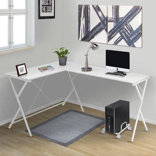 Modern White L-Shaped Workstation with Rolling CPU Stand