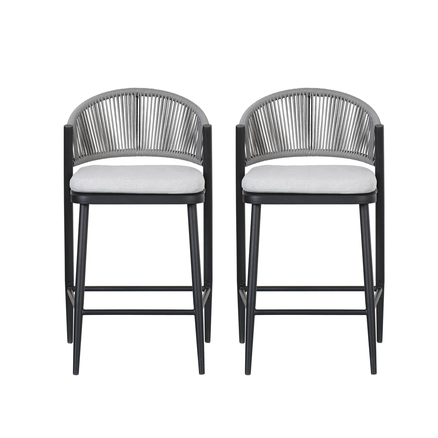 Outdoor 26 Inch Counter Height Metal Stools With Scalloped Backrests And Waterproof Cushions Set Of 2 Matte Black