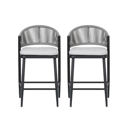 Outdoor 26 Inch Counter Height Metal Stools With Scalloped Backrests And Waterproof Cushions Set Of 2 Matte Black