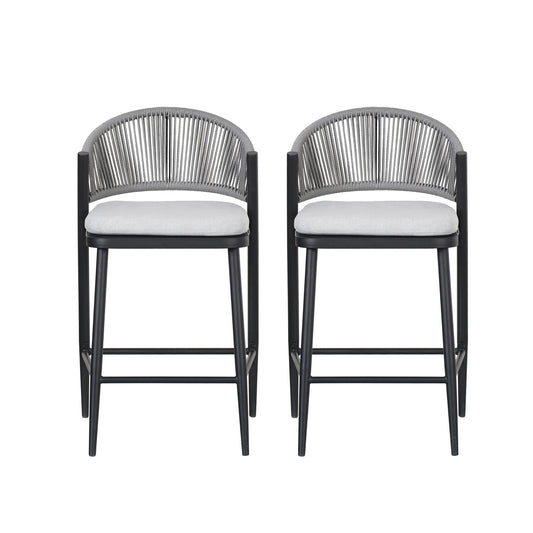 Outdoor 26 Inch Counter Height Metal Stools With Scalloped Backrests And Waterproof Cushions Set Of 2 Matte Black