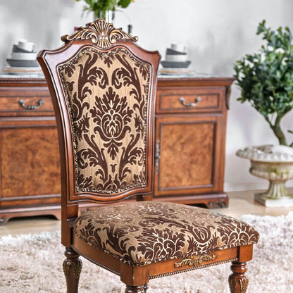 2-Pack Traditional Dining Chairs - Solid Wood, Carved Back, Floral Fabric Seats, Dining Room Brown Cherry