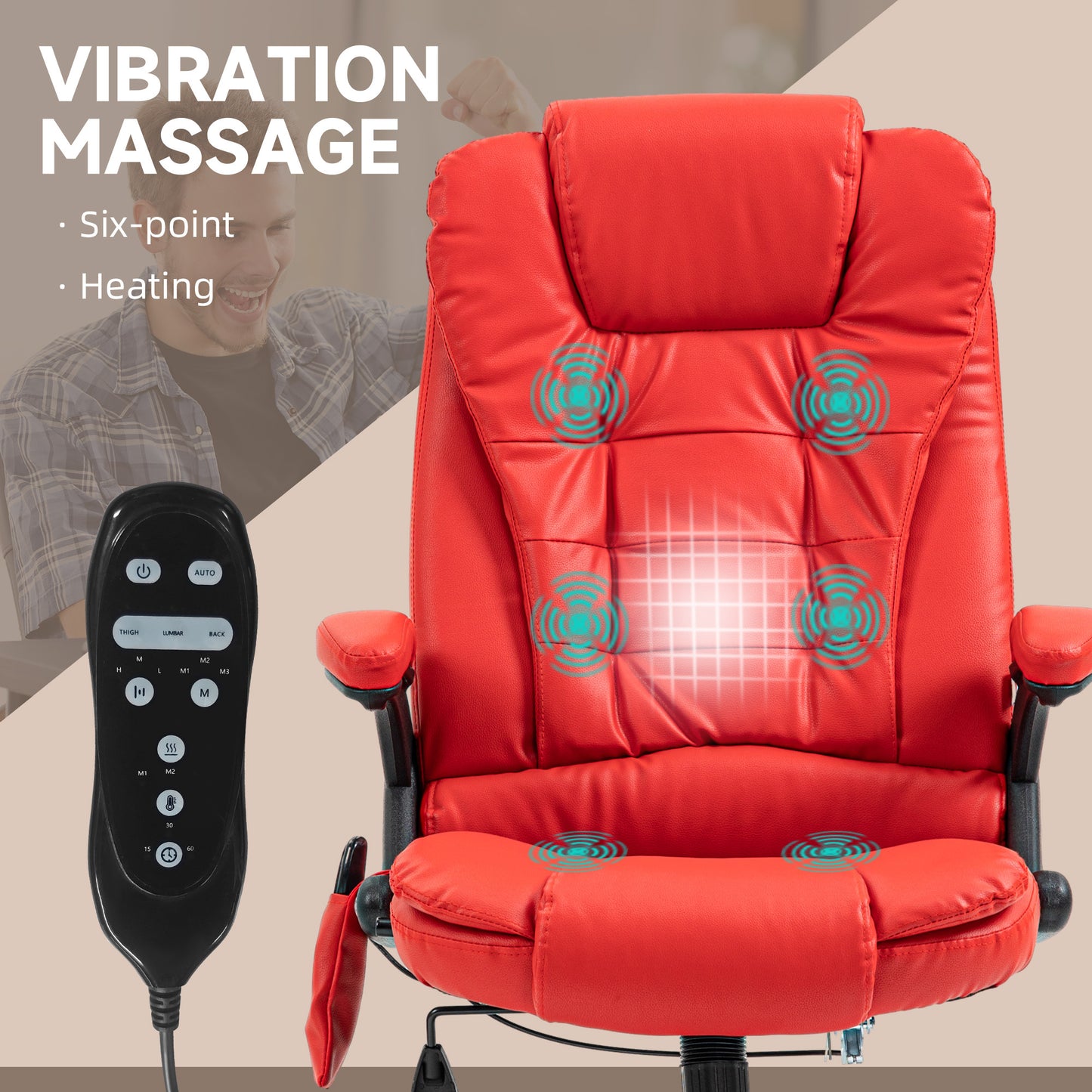 Ergonomic Red Vibration Massage Office Chair with Heated Recline, PU Leather, Remote Control, and Armrests