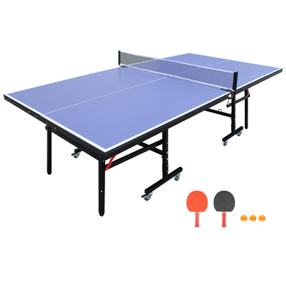 8ft Table Tennis Table, Foldable & Portable Ping Pong Set with Net, 2 Paddles & 3 Balls, Storage Blue