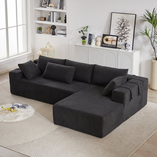 Modular L-Shaped Chenille Sectional Sofa Set, 108-Inch, 4 Seats, 6 Pillows, Right Chaise, Black
