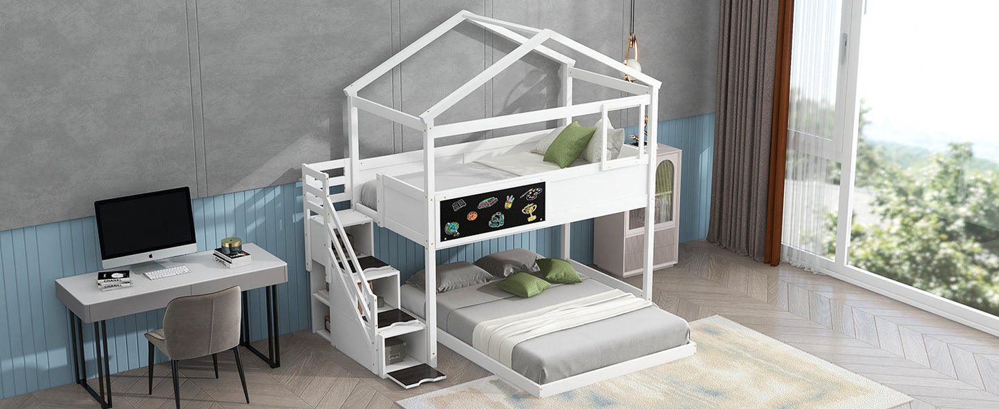 Whimsical Twin over Full House Bunk Bed with Storage Steps and Blackboard, White