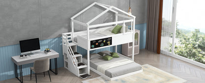 Whimsical Twin over Full House Bunk Bed with Storage Steps and Blackboard, White