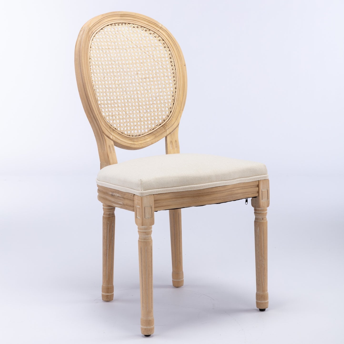 French-Style Solid Wood Dining Chair Set of 2, Linen, Rattan Back, Foam & Steel Spring Cushions, Beige