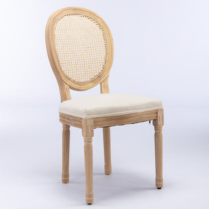 French-Style Solid Wood Dining Chair Set of 2, Linen, Rattan Back, Foam & Steel Spring Cushions, Beige