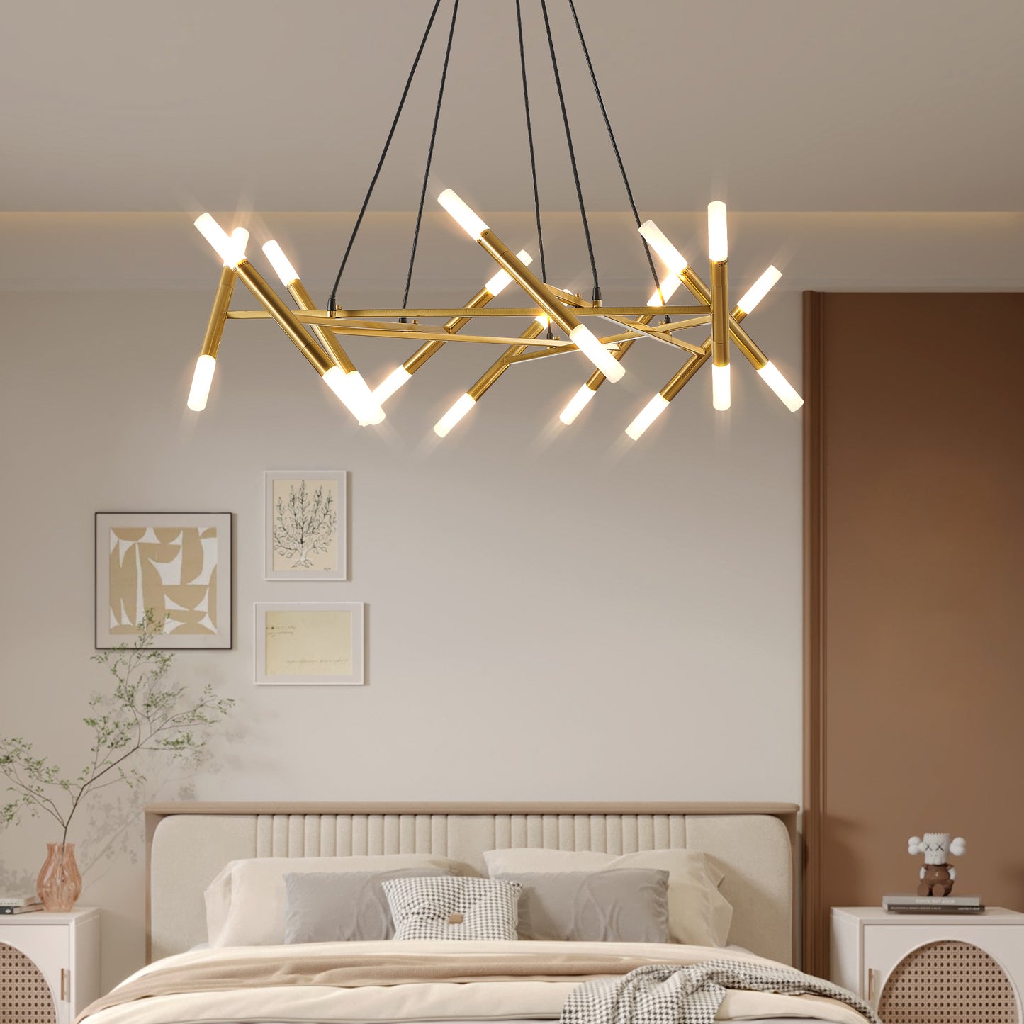 Branch-Design Pendant Chandelier with Frosted Tubes, Adjustable Height Dining/Living, Hard-Wired, Gold
