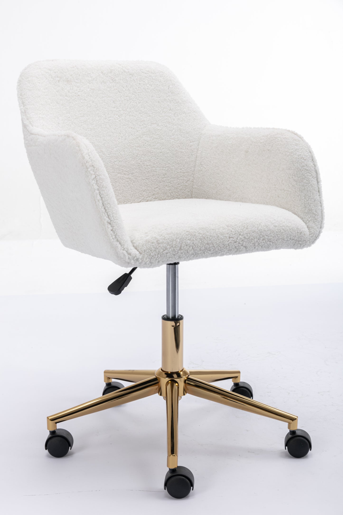 Elegant White Teddy Fabric Home Office Chair with Gold Metal Legs and 360° Swivel Function