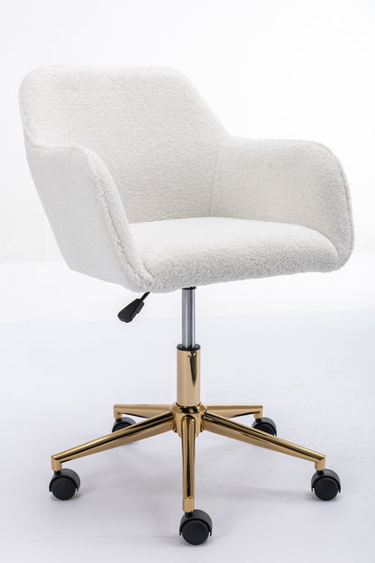 Elegant White Teddy Fabric Home Office Chair with Gold Metal Legs and 360° Swivel Function