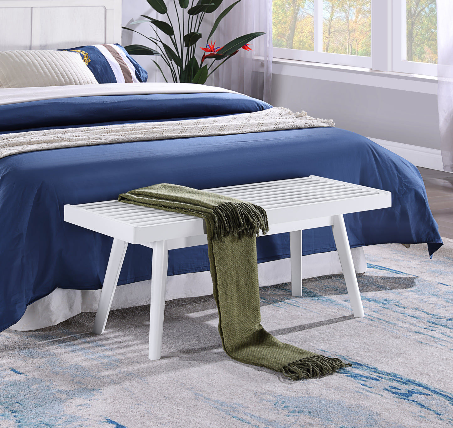 Solid Wood Slatted Bench - 41.3-Inch Wide, Farmhouse Minimalist Style, New Zealand Pine, Indoor, White