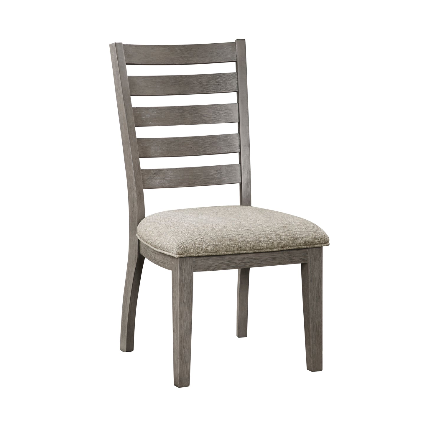 Set of 2 ladder-back dining chairs, wood frame, beige upholstery, 20W seat, 250-lb capacity, Gray finish