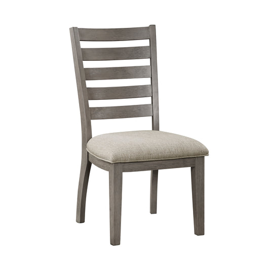 Set of 2 ladder-back dining chairs, wood frame, beige upholstery, 20W seat, 250-lb capacity, Gray finish