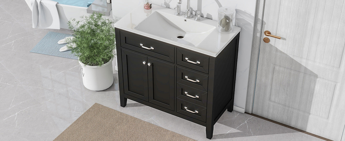 Stylish 36-Inch Black Bathroom Vanity with Integrated Sink, Durable MDF and Solid Wood Construction, Convenient Storage Drawers