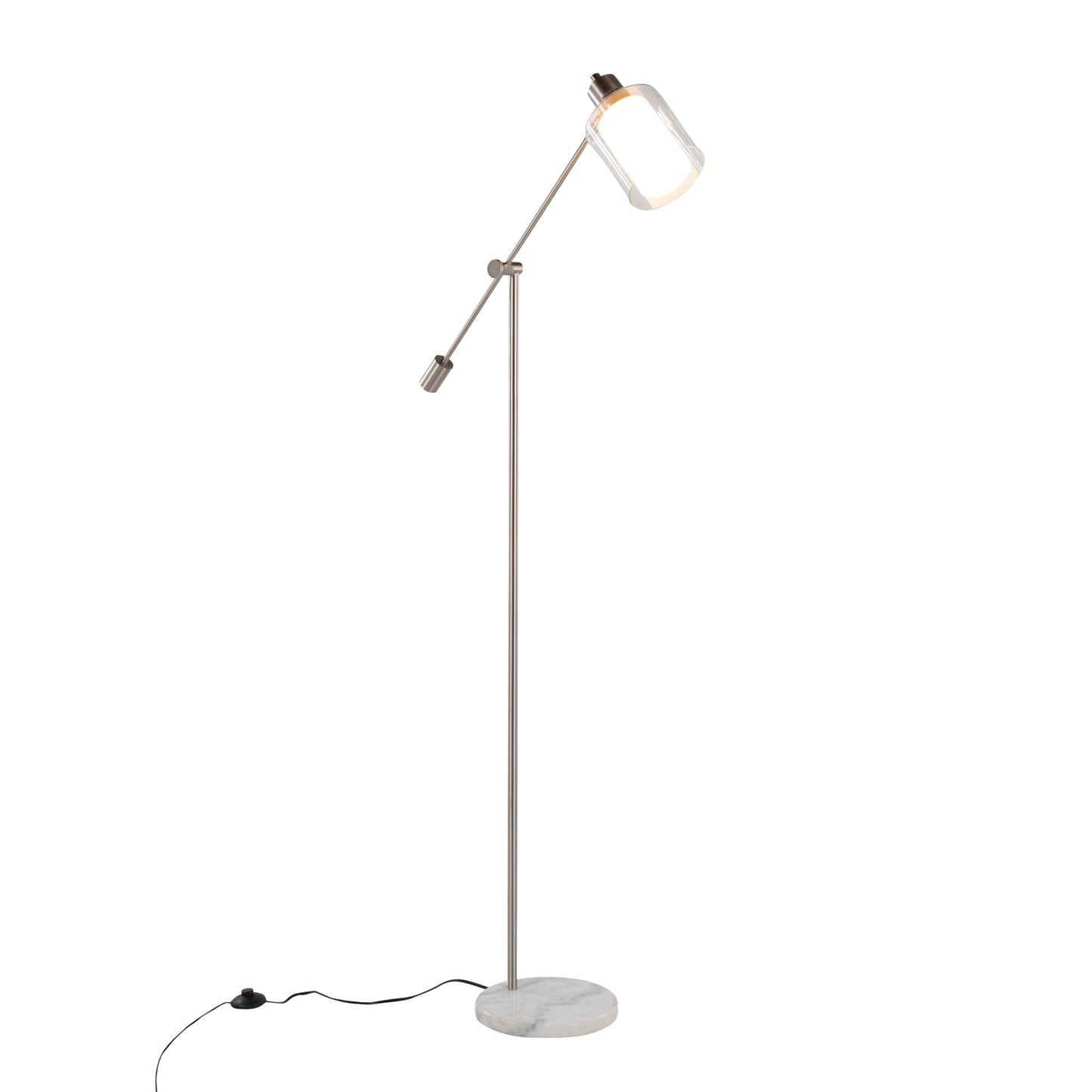 Floor Lamp, White Marble Base, Clear/Frosted Glass Shade, 73in Tall, 40W Bulb Included, Nickel finish