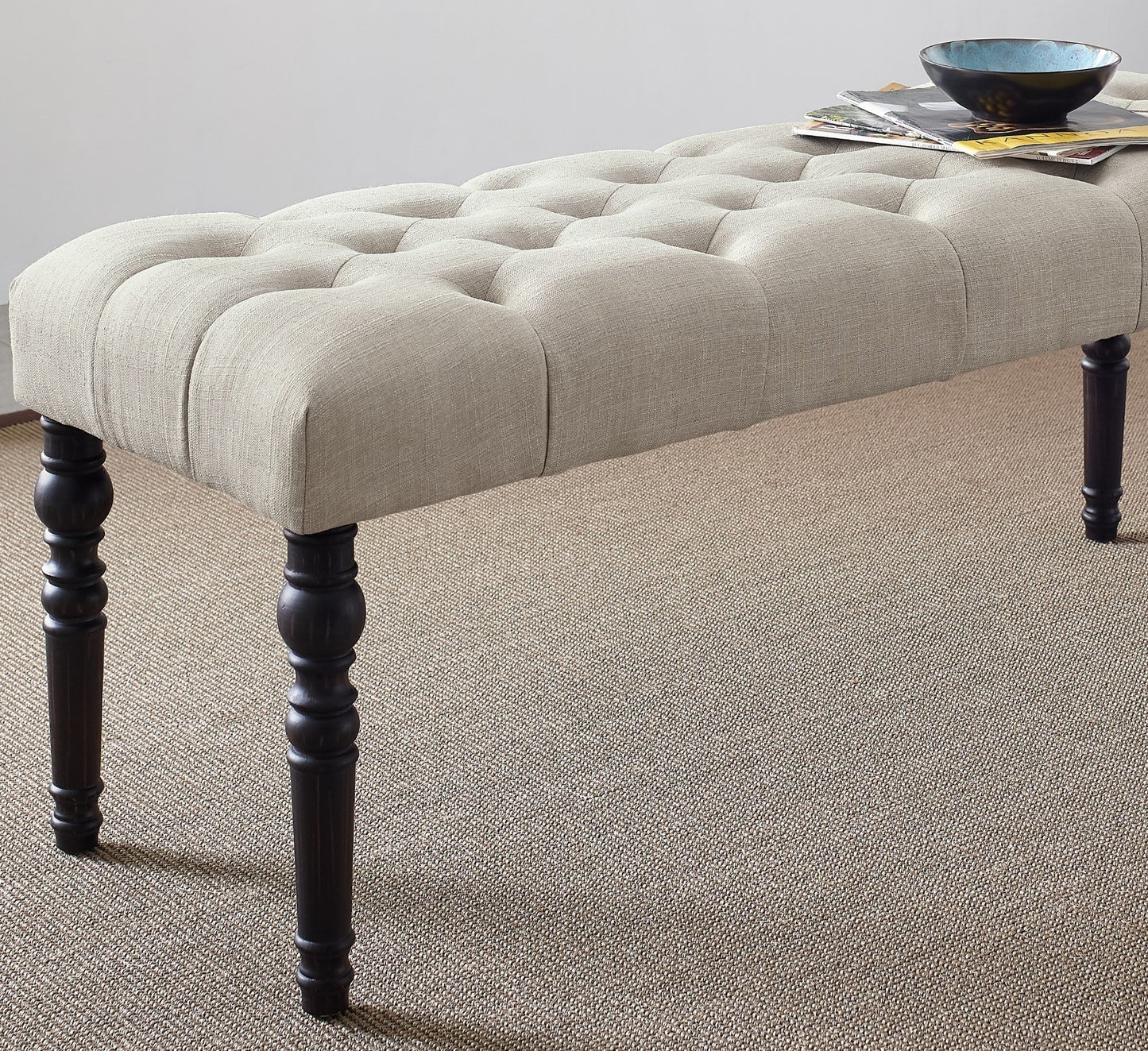 Solid Wood Dining Bench with Turned Legs, Tufted Fabric Seat, 48W x 16D x 19.5H in, Some Assembly Tan