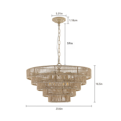 Bohemian Woven Pendant Light, 23.6-Inch, 8-Bulb E12 Dimmable Rattan Chandelier, Adjustable, Wood