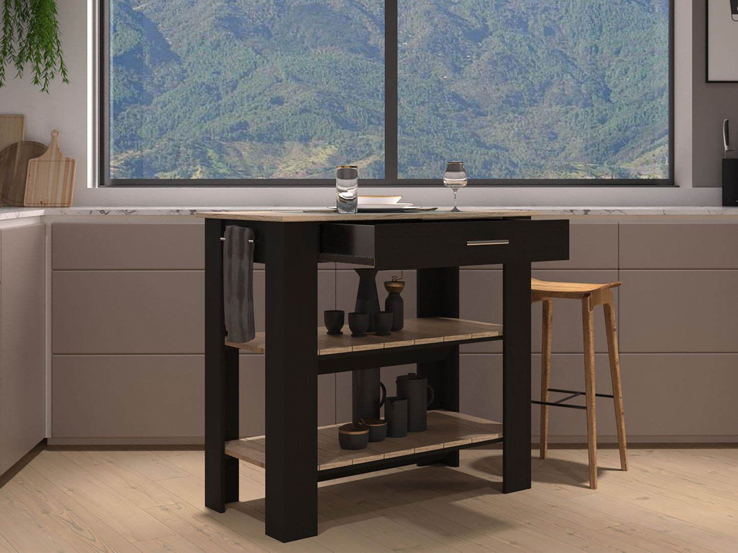 Multifunctional Kitchen Island with Storage Shelves and Drawer - 37" H, Black/Light Oak