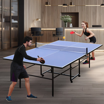 9ft Foldable Indoor Table Tennis Table with Net, 2 Paddles & 3 Balls, 12mm MDF, Quick Assembly Blue