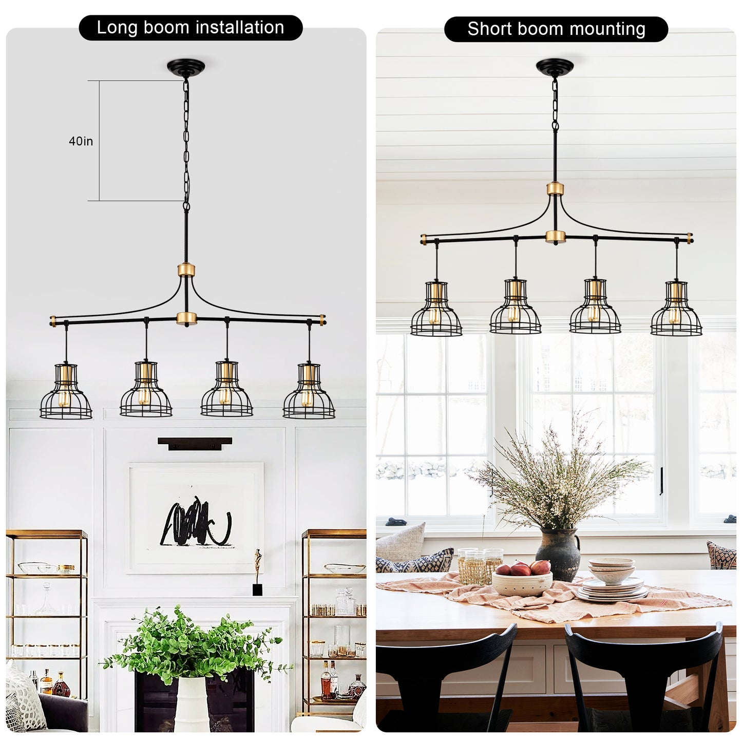 40-Inch Linear 4-Light Farmhouse Chandelier for Island, Metal Shade, Adjustable, Matte Black & Matte Gold