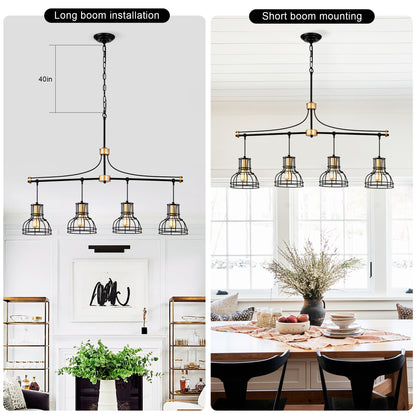 40-Inch Linear 4-Light Farmhouse Chandelier for Island, Metal Shade, Adjustable, Matte Black & Matte Gold