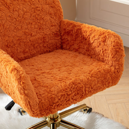 Orange Upholstered Home Office Chair with Golden Base - Adjustable Swivel Vanity Chair Featuring Artificial Rabbit Hair and Reclining Chassis